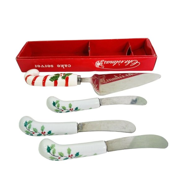 Christmas Pie Cake Server Cheese Knife Set Ceramic Handle Stainless Steel Holly - Picture 7 of 9